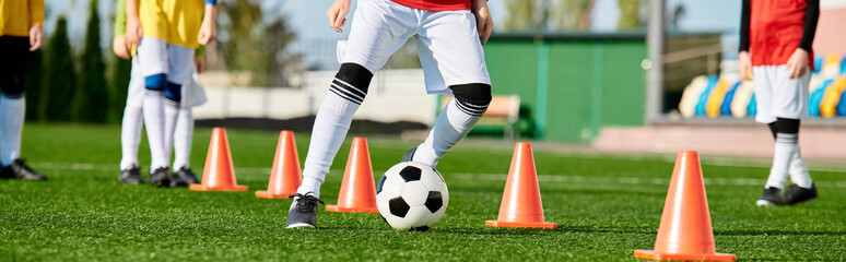 A skilled soccer player is kicking a soccer ball around orange cones on a field. He demonstrates precise dribbling techniques as he navigates through the obstacles with agility and control. - obrazy, fototapety, plakaty