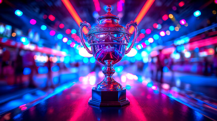Trophy show on the table with blur perspective bokeh light background futuristic e-sport stadium , picture have space for copy