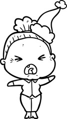 hand drawn line drawing of a angry old woman wearing santa hat