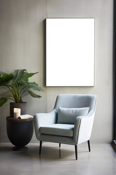 Armchair, house plant and a big art in modern home decoration. Part of the interior in a minimalist style against the background of a dark gray concrete wall. Photo with copy space. Vertical photo.