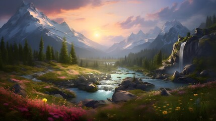 Panoramic view of beautiful mountain river in the valley at sunset