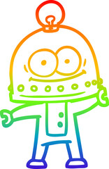 rainbow gradient line drawing of a happy carton robot with light bulb