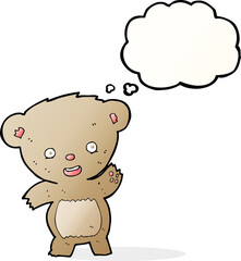 cartoon waving teddy bear with thought bubble
