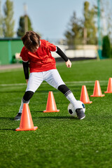 A talented young boy is skillfully maneuvering a soccer ball around vibrant orange cones on a field, showcasing his agility and precision in dribbling and kicking.