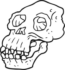 freehand drawn black and white cartoon ancient skull