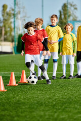 A group of vibrant young children playing an enthusiastic game of soccer on a grassy field. They are running, kicking, passing, and celebrating goals in a lively and dynamic manner.