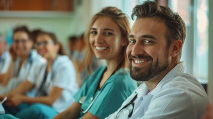 Cheerful Nurse and Doctor Relaxing in Seminar Training Class - obrazy, fototapety, plakaty