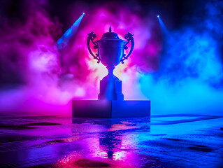 Trophy on smoke on dark blue futuristic background for e-sport winner concept.