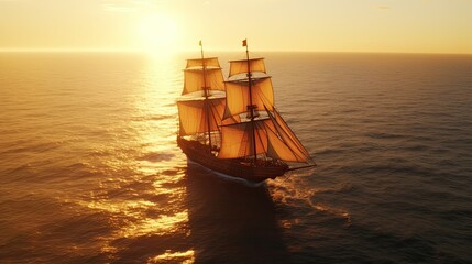 Small sailing ship in the open sea at sunset. Majestic Dawn