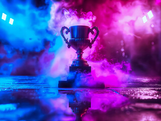 Trophy on smoke on dark blue futuristic background for e-sport winner concept.