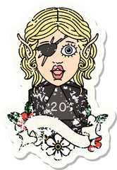 grunge sticker of a elf rogue character with natural twenty dice roll