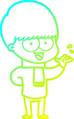 cold gradient line drawing of a happy cartoon boy waving