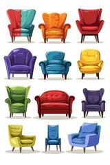 Various colored chairs on a clean white backdrop. Perfect for interior design concepts