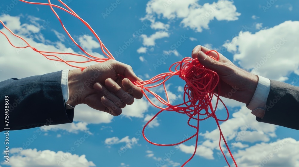 Aufkleber Two hands holding red string against a blue sky. Ideal for concepts of connection and unity