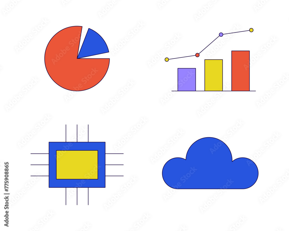 Poster chart graph technology 2d linear cartoon objects set. micro chip, cloud server isolated line vector 