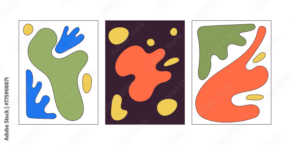 Poster abstract paintings 2d linear cartoon objects set. irregular smears drawings in frames isolated line 
