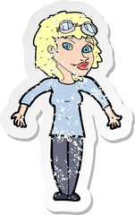 retro distressed sticker of a cartoon woman wearing goggles
