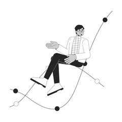 Arab man sitting on chart waves black and white 2D line cartoon character. Middle eastern male isolated vector outline person. Eyeglasses business guy gesturing monochromatic flat spot illustration