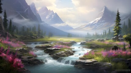 Beautiful panoramic view of the mountain river with pink flowers