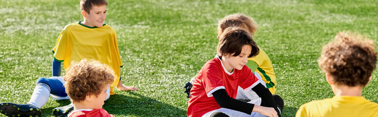A group of young children, full of energy and enthusiasm, sit atop a lush green soccer field. They...