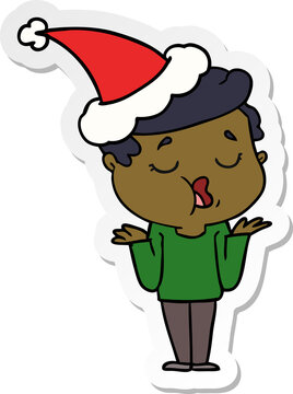 hand drawn sticker cartoon of a man talking and shrugging shoulders wearing santa hat