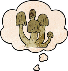 cartoon mushrooms with thought bubble in grunge texture style