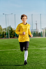 A young man with determination and focus is sprinting on a soccer field, showcasing his agility and...