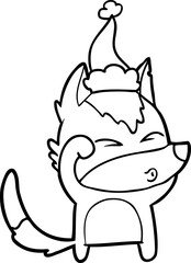 hand drawn line drawing of a wolf pouting wearing santa hat
