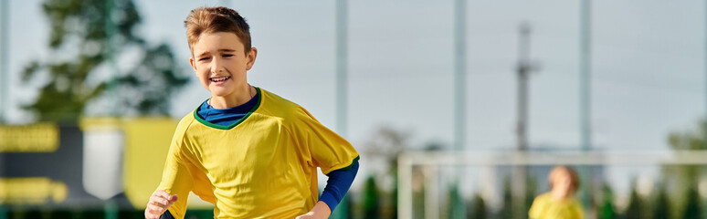 A young man in a vibrant yellow and blue soccer uniform, displaying agility and determination on...