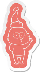 quirky cartoon  sticker of a bald man staring wearing santa hat