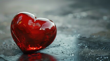 A red glass heart placed on a wet surface. Suitable for romantic concepts - obrazy, fototapety, plakaty