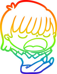 rainbow gradient line drawing of a cartoon woman talking loudly