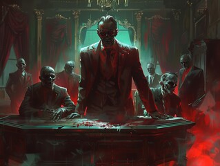 Zombie mob boss giving orders to undead henchmen, opulent office background, dark and luxurious