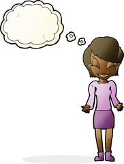 cartoon happy woman shrugging shoulders with thought bubble