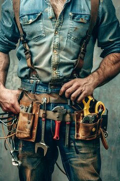 man with tool belt. various tools on the belt. generative ai