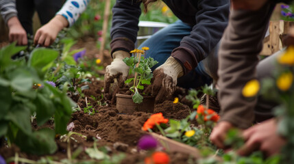 Close-up shot of gardeners' hands using a trowel to transplant a flowering plant into enriched soil