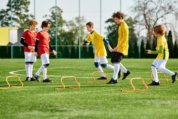 A lively group of young boys engage in a spirited game of soccer, kicking the ball across the field...