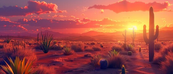 A desert landscape with cacti and a vibrant sunset, creating a warm and stark summer backdrop for dramatic designs