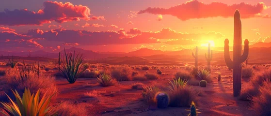 Foto auf Acrylglas A desert landscape with cacti and a vibrant sunset, creating a warm and stark summer backdrop for dramatic designs © Shutter2U