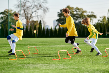 A lively group of young children joyfully engage in a spirited game of soccer, running, kicking,...