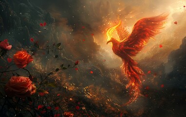 A fantasy illustration of a phoenix rising from a burning red rose, symbolizing rebirth and eternal love, set in a mystical Valentine's landscape - obrazy, fototapety, plakaty