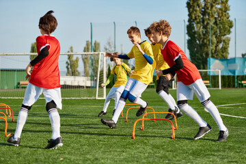 A vibrant scene unfolds as a group of young boys enthusiastically play a game of soccer, kicking...