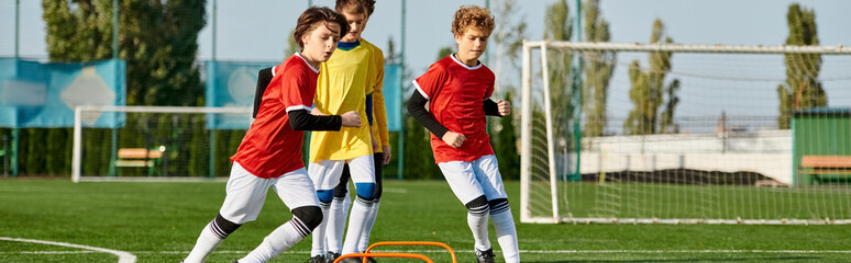 A group of young men triumphantly stand on top of a soccer field, basking in the golden glow of the...