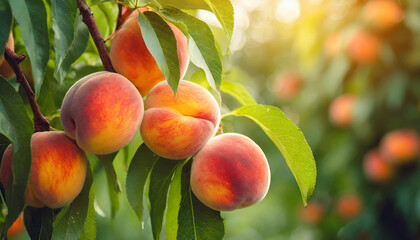 Close-up of ripe and juicy peaches growing on branch with green leaves. Garden fruit tree