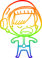 rainbow gradient line drawing of a cartoon astronaut woman explaining