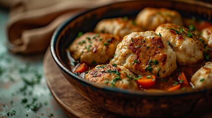 Tasty Handmade Dumplings Topped with Garden-Fresh Herbs, Served in an Antique Brown Bowl on a Lumber Table, Complemented with Utensils and Uncooked Ingredients - obrazy, fototapety, plakaty