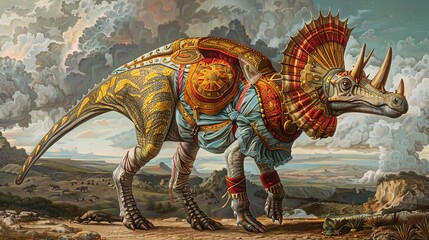 A Parasaurolophus in Renaissance attire, participating in artistic and scientific discoveries of the era - obrazy, fototapety, plakaty