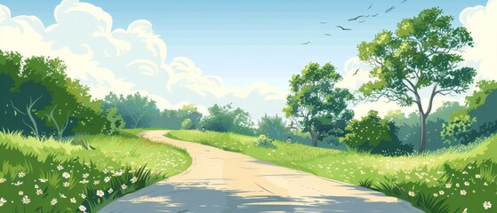 A quiet country road with summer foliage, offering a peaceful and scenic route for clean and spacious backdrop designs