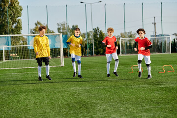 A lively group of young boys play a game of soccer, kicking the ball back and forth with enthusiasm...