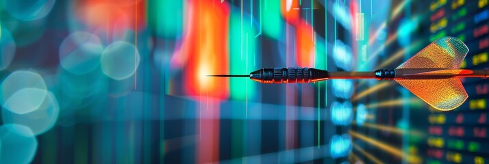 A sharp dart in focus on a target, with a blurred rainbow of stock numbers in the background for a dynamic annual report
